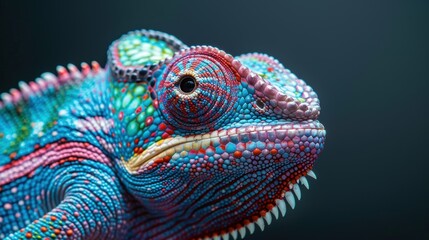 Fototapeta premium Close-up of a vibrant chameleon resting on a branch in a lush environment during daylight