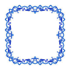 Vector decorative pattern blue and white design with frame or border. Baroque Vector mosaic. Traced watercolo