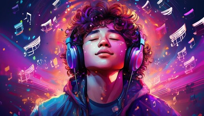 Obraz premium illustration of a curly-haired man enjoying music with his headphones, with an abstract background of colored musical notes