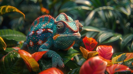 Obraz premium Colorful chameleon resting among vibrant tropical foliage in a lush rainforest setting