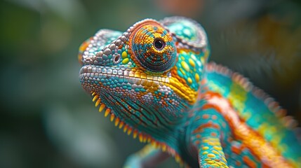 Fototapeta premium Colorful chameleon perched on a branch in a tropical forest during daylight