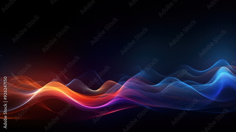 Poster an abstract representation of sound waves with a futuristic design featuring sharp,