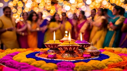 Diwali celebration, beautifully lit oil lamps diyas surrounded by colorful rangoli designs. In the background, people dressed in traditional Indian attire are joyfully participating