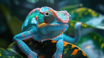 Obraz premium Colorful chameleon perched on a vibrant leaf in a tropical habitat