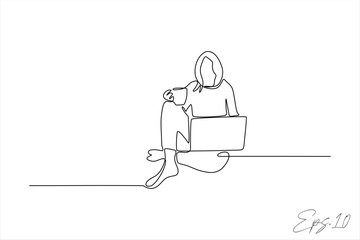 continuous line vector illustration design of woman sitting holding laptop