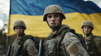 Fototapeta premium Ukrainian soldiers standing against the background of the Ukrainian flag facing the camera