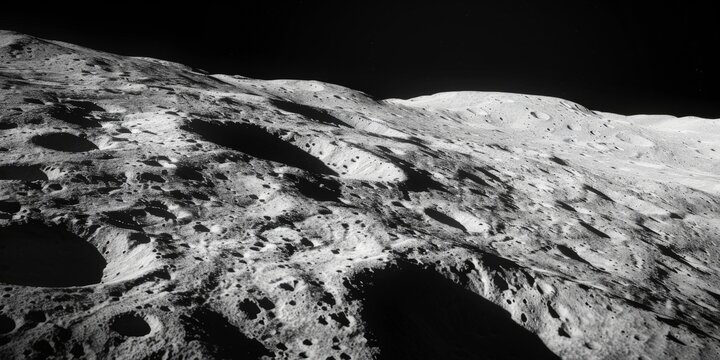 Stunning black and white illustration of the moon against a star-filled night sky. Horizontal image with a cosmic and scientific theme.
