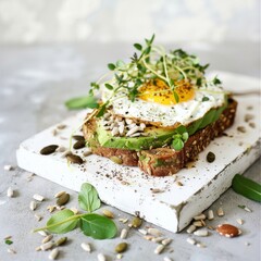 An artfully prepared avocado toast topped with a fried egg, sprouts, and seeds, served on a rustic white board, embodying healthy and wholesome eating.