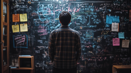 A man with his back turned, standing in front of an old blackboa