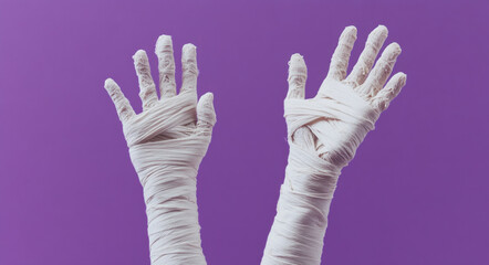 Mummified halloween hands wrapped in bandages against a purple background. Happy halloween banner