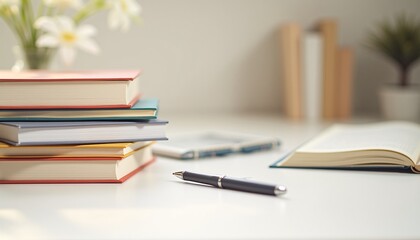 Fototapeta premium Classic Hardback Books Arranged on a Wooden Table, Symbolizing Education and Back to School Season with Ample Copy Space for Text