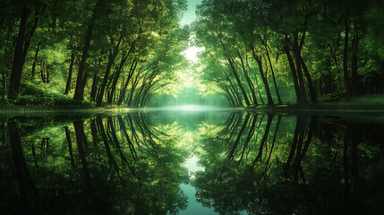 A serene forest landscape reflected in calm water, showcasing vibrant greenery and tranquility.