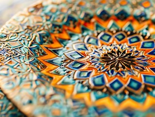 Intricate Ceramic Tile with Geometric Pattern - Close-Up Illustration