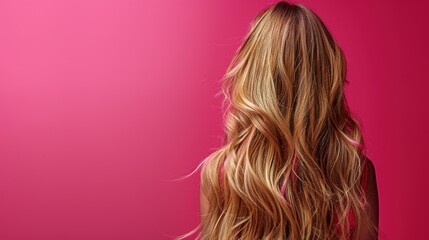 Naklejka premium Long wavy blonde hair flows down a woman's back against a vibrant pink background
