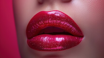 Obraz premium Glossy red lips with glitter against a vibrant background