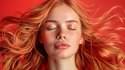 Naklejka premium Woman with flowing red hair poses against a vibrant red background, showcasing serene expression and captivating beauty