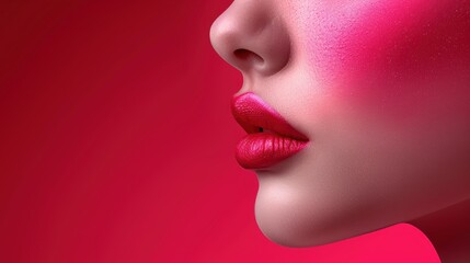 Close-up of a model's lips with bold red lipstick and pink blush against a vibrant background