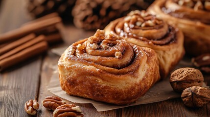 Delicious Cinnamon Rolls, Sticks, and Nuts on Table Closeup