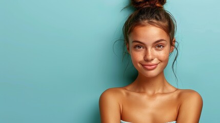 Obraz premium Young woman smiling against a light blue wall, showcasing natural beauty and confidence