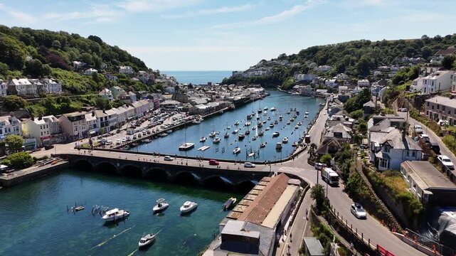 Drone footage of the Looe Bridge crossing the East Looe River in Looe, Cornwall, England, UK