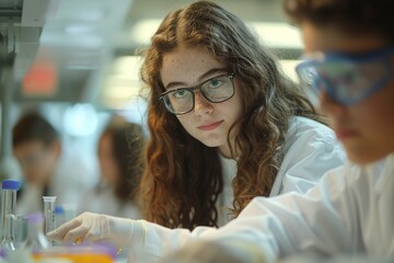 Fototapeta premium A girl with glasses is looking at a lab table with other people