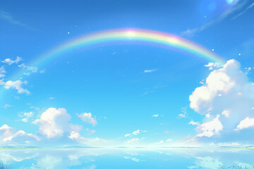 水面にかかる虹と青空