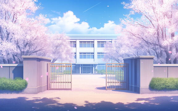 桜が咲く春の学校の校舎と正門