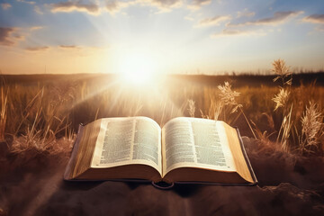 Divine Enlightenment: Bright Sun Rays Illuminate an Open Bible in Nature