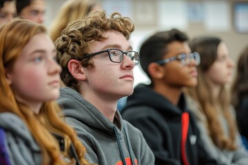 Obraz premium A group of people are sitting in a classroom, one of whom is wearing glasses. Scene is one of focus and concentration, as the students are likely listening to a lecture or presentation