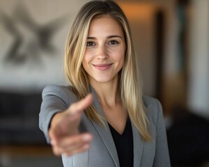 A young woman in business attire smiles and reaches out her hand, ready for a handshake in a stylish office environment