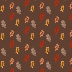 Autumn various isolated leaves set pattern in orange, brown, yellow colors in flat on brown background for packaging, webs, banners, fabric, wrapping papers