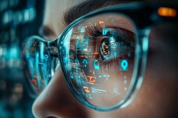 Close-up of eyes with glasses reflecting digital data overlay, concept of modern tech