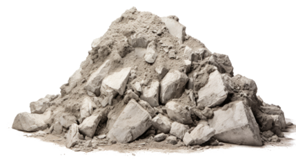 A pile of decaying cement on a white background. Telephoto lens photography Realistic daylight