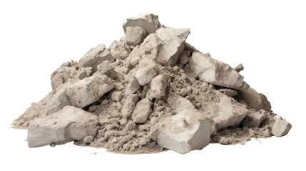 A pile of decaying cement on a white background. Telephoto lens photography Realistic daylight