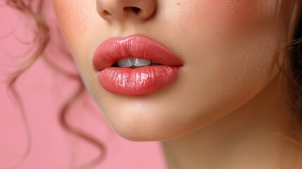 Obraz premium Young woman with glossy lips poses in front of a pastel pink background
