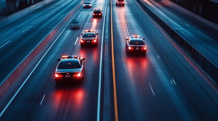 Police cars respond to an incident on a highway, their lights creating a vibrant contrast against the dark surroundings