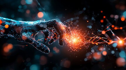 An abstract representation of AI as a glowing humanoid figure, surrounded by floating neural pathways, symbolizing the merging of human intelligence with technology