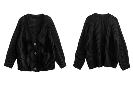 Women's autumn knit cardigan, black, front and back on a white background