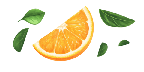 Freshly sliced orange, half floating in mid-air, with green leaves, isolated on white, vitamin C rich