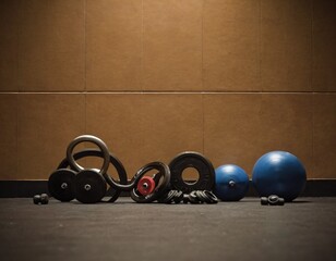 CrossFit Equipment on floor in Gym. Ai generated image.