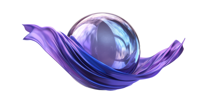 Silk satin fabric wrapped around a glowing orb, isolated on transparent background,