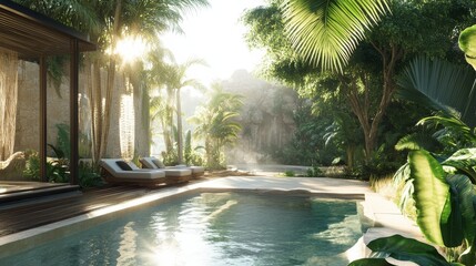 A serene pool area surrounded by tropical plants, showcasing sunlight streaming through the trees, creating a peaceful atmosphere