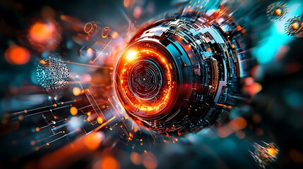 An abstract representation of AI as a glowing cybernetic being, surrounded by floating digital fractals, symbolizing the merging of human intelligence with technology