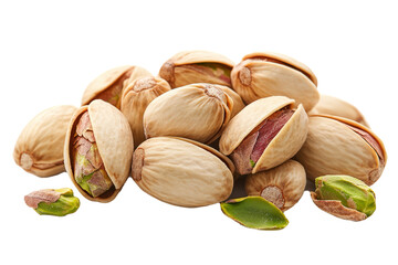 bunch of peeled pistachio seeds, isolated on a clean white surface, with some shells nearby.