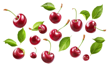 Glossy cherries with leaves in mid-air, vibrant and fresh, isolated on a white background, antioxidant-ric