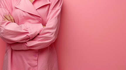 A person in a pink outfit standing with crossed arms against a solid pink background