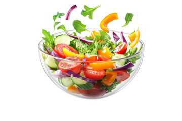 A floating bowl of vibrant fresh salad with colorful vegetables and dressing, suspended on white background.