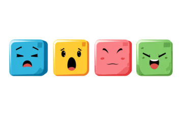 Four large colored cubes, each demonstrating a separate emotion, isolated on a white background.