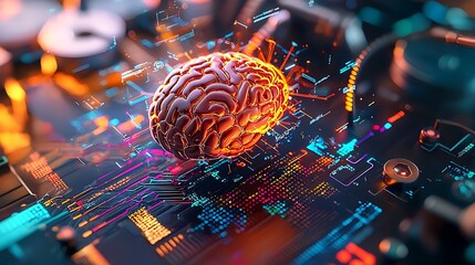 An abstract representation of AI as a glowing futuristic brain, surrounded by floating codes and algorithms, symbolizing the merging of human intelligence with technology