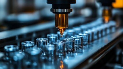Close-up of an automated machine dispensing liquid into clear vials on a modern pharmaceutical production line.